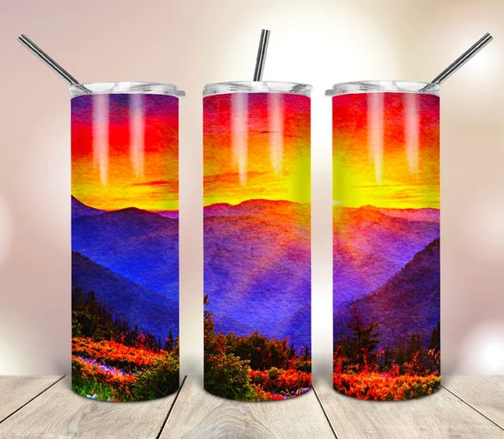 20oz skinny tumbler, mountain tumbler, purple mountains, sunset, mountain sunset, mountains, tumbler