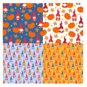 May include: Four seamless patterns featuring autumn themes. Each pattern includes orange pumpkins, fall leaves, and gnome figures in red hats. The backgrounds are blue, white, light blue, and orange. These patterns are suitable for fall-themed crafts and designs.