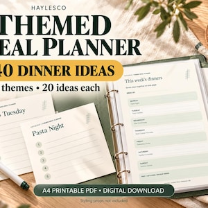 May include: A themed meal planner set featuring a ring-bound binder with a green cover, two printed sheets labeled Taco Tuesday and Pasta Night, and a weekly dinner planner page. The text reads HAYLESCO THEMED MEAL PLANNER 140 DINNER IDEAS.