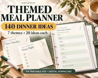 Pode incluir: Um conjunto de planeador de refeições temático com um dossier de argolas de capa verde, duas folhas impressas com os títulos Taco Tuesday e Pasta Night, e uma página de planeamento semanal. O texto diz HAYLESCO THEMED MEAL PLANNER.