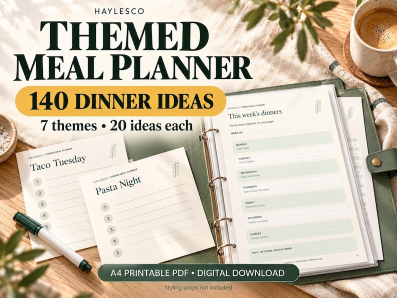 May include: A themed meal planner set featuring a ring-bound binder with a green cover, two printed sheets labeled Taco Tuesday and Pasta Night, and a weekly dinner planner page. The text reads HAYLESCO THEMED MEAL PLANNER 140 DINNER IDEAS.