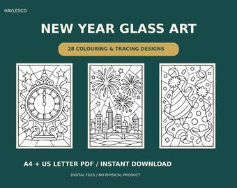 Pode incluir: Uma coleção digital intitulada NEW YEAR GLASS ART com 28 desenhos para colorir e decalcar. A imagem mostra três painéis de arte linear em preto e branco com um relógio, um horizonte urbano com fogos de artifício e chapéus de festa.