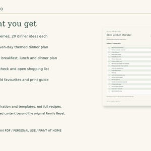 May include: A digital meal planner document by HAYLESCO featuring seven themes with 20 dinner ideas each, a seven-day themed dinner plan, breakfast, lunch, and dinner sections, a kitchen check, shopping list, and print guide in A4 PDF format.