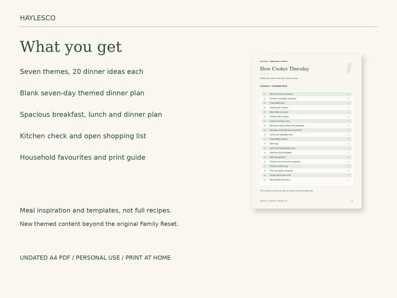 May include: A digital meal planner document by HAYLESCO featuring seven themes with 20 dinner ideas each, a seven-day themed dinner plan, breakfast, lunch, and dinner sections, a kitchen check, shopping list, and print guide in A4 PDF format.