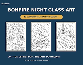 May include: A digital collection titled HAYLESCO BONFIRE NIGHT GLASS ART featuring 28 colouring and tracing designs. Three black and white line art panels show fireworks over houses, a campfire with logs, and two candy apples with bows.