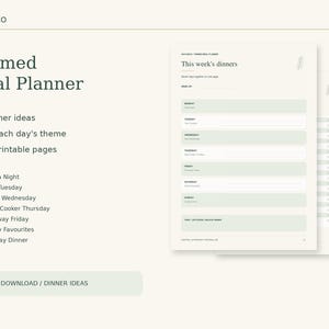 May include: A digital themed meal planner by HAYLESCO featuring 140 dinner ideas, 20 for each day's theme, and 15 A4 printable pages. The document includes a weekly schedule with sections for Monday through Sunday and a space for leftovers.