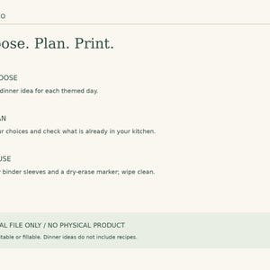 May include: A digital informational graphic with the text HAYLESCO and Choose. Plan. Print. It outlines three steps: 01 / CHOOSE, 02 / PLAN, and 03 / REUSE with instructions. A bottom box states DIGITAL FILE ONLY / NO PHYSICAL PRODUCT.