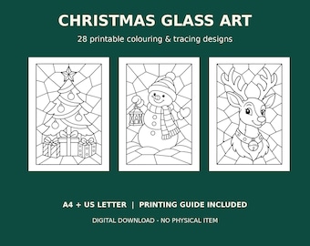 May include: A digital collection titled CHRISTMAS GLASS ART featuring 28 printable colouring and tracing designs. Three black and white line art panels show a Christmas tree with gifts, a snowman with a lantern, and a reindeer.