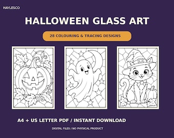 May include: A digital collection titled HAYLESCO HALLOWEEN GLASS ART featuring 28 colouring and tracing designs. The graphic displays three black and white line art illustrations of a jack-o'-lantern, a ghost, and a cat wearing a witch hat.