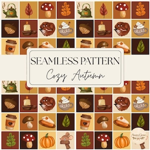 Può includere: Un motivo continuo con illustrazioni autunnali che includono bollitori verdi, funghi rossi, zucche arancioni, ghiande, candele, volpi, tazze di caffè e foglie. Il testo SEAMLESS PATTERN Cozy Autumn è centrato all'interno di un riquadro bianco.