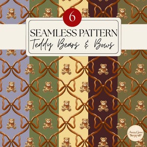 Teddy Bear & Bows Seamless Pattern | Vintage Coquette Digital Paper, Nursery Fabric Print, 5 Colors JPG PNG