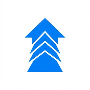 May include: A bright blue graphic icon featuring a stylized upward-pointing arrow composed of four stacked, overlapping chevron shapes that decrease in width from the bottom base to the pointed top, creating a layered and geometric visual effect.