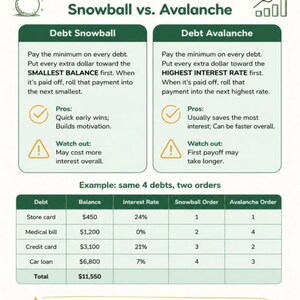 May include: A Debt Snowball Payoff Tracker document comparing Debt Snowball and Debt Avalanche methods. It includes text, pros, cons, and a table showing four debts with balances, interest rates, and payoff orders for each strategy.