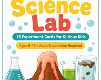 Może przedstawiać: Zestaw Kitchen Science Lab zawierający 16 kart eksperymentów dla dzieci w wieku 6-10 lat. Ilustracja przedstawia brązowy wulkan z różową lawą, niebieską kolbę z turkusowym płynem, zieloną zlewkę, szklankę wody z brązowymi obiektami oraz dwie cytryny.
