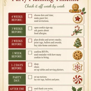 May include: A party planning timeline checklist with a cream background, red and green accents, and holiday illustrations. The text includes headers like Party Planning Timeline, Check it off week by week, and lists tasks from 4 weeks before to after the party, featuring checkboxes and icons of gingerbread, cookies, and candy canes.