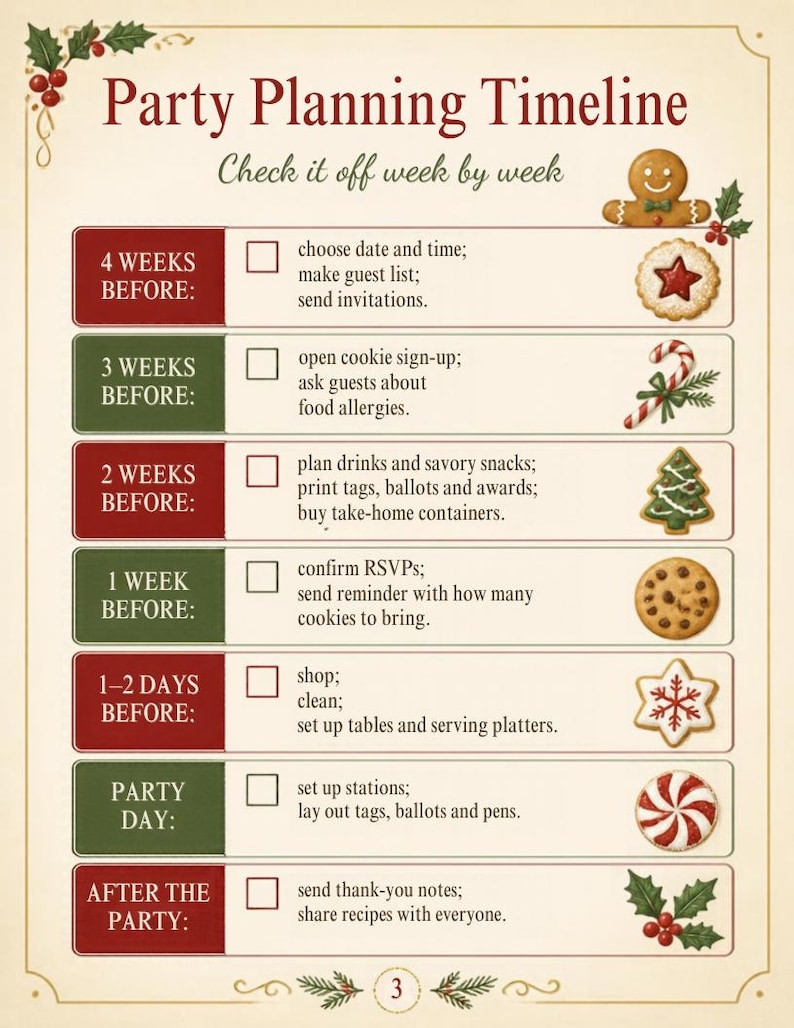 May include: A party planning timeline checklist with a cream background, red and green accents, and holiday illustrations. The text includes headers like Party Planning Timeline, Check it off week by week, and lists tasks from 4 weeks before to after the party, featuring checkboxes and icons of gingerbread, cookies, and candy canes.