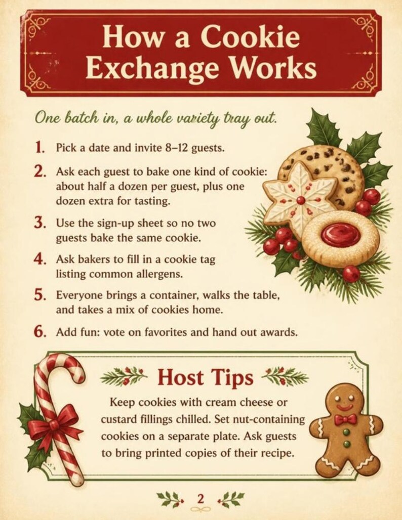 May include: A printed instructional guide titled How a Cookie Exchange Works, featuring six numbered steps, a Host Tips section, and illustrations of cookies, holly, a candy cane, and a gingerbread man on a cream-colored background.