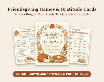 May include: A set of printable Friendsgiving games and gratitude cards featuring a central cover page with autumn leaf illustrations, pumpkins, and a pie. Includes trivia, bingo, and gratitude prompts on 12 pages of PDF content.