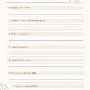 May include: A 2026 Year in Review planner page with a beige and brown color scheme. It features seven numbered prompts with lined spaces for writing, including sections for wins, challenges, gratitude, habits, and a final word to describe the year.