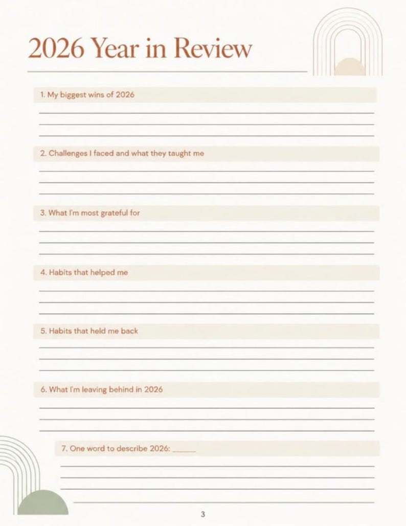 May include: A 2026 Year in Review planner page with a beige and brown color scheme. It features seven numbered prompts with lined spaces for writing, including sections for wins, challenges, gratitude, habits, and a final word to describe the year.