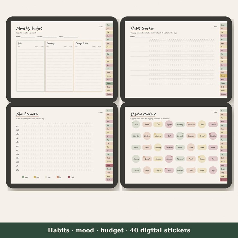 Op de afbeelding: Een digitale planner-interface weergegeven op vier schermen met een maandelijkse budgetpagina, een gewoonte-tracker, een stemmings-tracker en een pagina met digitale stickers. Elke sectie bevat gelabelde tabbladen, georganiseerde kolommen en tekstvelden voor het bijhouden van financi&euml;n, dagelijkse gewoonten, stemmingen en diverse taakstickers.