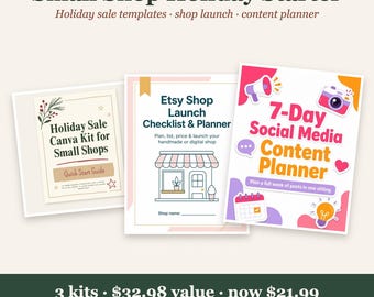 Może przedstawiać: Cyfrowy zestaw Small Shop Holiday Starter zawierający trzy szablony: Holiday Sale Canva Kit, Etsy Shop Launch Checklist & Planner oraz 7-Day Social Media Content Planner. Zawiera elementy tekstowe, takie jak Quick Start Guide i Plan a full week of posts in one sitting.