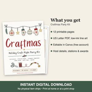Op de afbeelding: Een Craftmas Holiday Craft Night Party Kit digitale download met 12 printbare pagina's in US Letter-formaat. De omslag toont feestelijke illustraties van ornamenten, wanten, sterren, scharen en kralen met de tekst Craftmas Holiday Craft Night Party Kit.