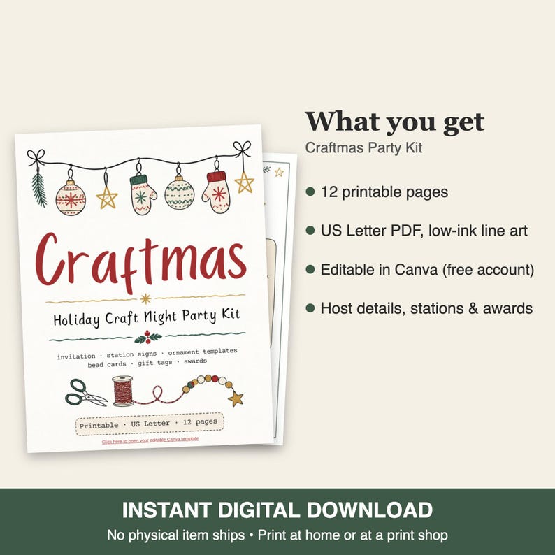 Op de afbeelding: Een Craftmas Holiday Craft Night Party Kit digitale download met 12 printbare pagina's in US Letter-formaat. De omslag toont feestelijke illustraties van ornamenten, wanten, sterren, scharen en kralen met de tekst Craftmas Holiday Craft Night Party Kit.
