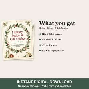 May include: A Holiday Budget & Gift Tracker digital document featuring a wreath illustration with red berries and green pine needles. The text includes 12 printable pages, a printable PDF file, and US Letter size of 8.5 x 11 inches.
