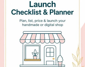 Może przedstawiać: Biały dokument zatytułowany Etsy Shop Launch Checklist & Planner z ciemnoniebieskim tekstem. Zawiera rysunek liniowy sklepu z różową markizą w paski, oknem z rośliną, drzwiami i rośliną w doniczce. Zawiera linię na Shop name.