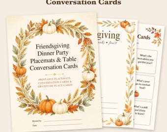 Może przedstawiać: Do druku podkładki pod talerze i karty do rozmów na Friendsgiving z akwarelowym wieńcem z jesiennych liści i dyń. Tekst zawiera Friendsgiving Dinner Party Placemats & Table Conversation Cards, Printable Placemats, Conversation Cards & Gratitude Place Cards, Hosted by oraz Date.