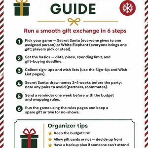 May include: A white informational sheet titled Organizer Guide with a red and green striped border. It outlines six steps for a gift exchange, including Secret Santa and White Elephant rules, followed by a section for organizer tips with stars.