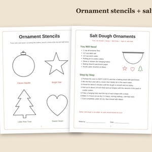 May include: Two white pages featuring ornament stencils and salt dough ornament instructions. The left page shows outlines for a classic bauble, bright star, little pine tree, and sweet heart. The right page lists ingredients and steps.