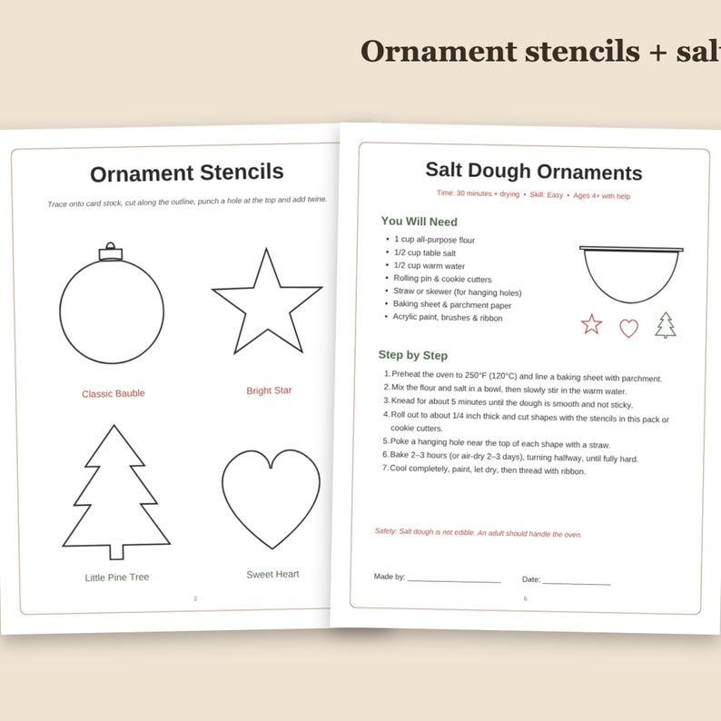 May include: Two white pages featuring ornament stencils and salt dough ornament instructions. The left page shows outlines for a classic bauble, bright star, little pine tree, and sweet heart. The right page lists ingredients and steps.