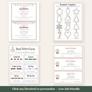 Op de afbeelding: Een set van vier printbare documenten voor een kerstknutselfeest, inclusief Craftmas-uitnodigingen, ornament-sjablonen, kralenpatroonkaarten met kleurreeksen en oorkondes voor de gasten.