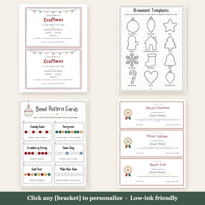Op de afbeelding: Een set van vier printbare documenten voor een kerstknutselfeest, inclusief Craftmas-uitnodigingen, ornament-sjablonen, kralenpatroonkaarten met kleurreeksen en oorkondes voor de gasten.