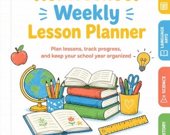Może przedstawiać: Biała okładka tygodniowego planera lekcji z napisem "Homeschool Weekly Lesson Planner" oraz ilustracjami globusa, stosu książek, otwartego zeszytu, ołówka, jabłka, żarówki i żółtej linijki.