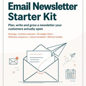 Peut inclure: Un document numérique intitulé Email Newsletter Starter Kit pour petites entreprises. Il présente une icône d'enveloppe, des avions en papier et un calendrier. Le texte inclut : Plan, write and grow a newsletter, Strategy, Content calendar.