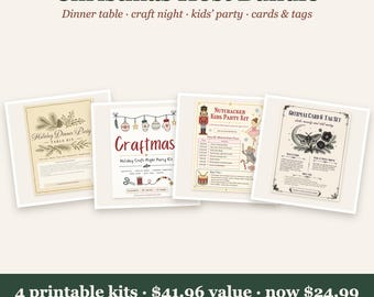 Może przedstawiać: Zestaw świąteczny dla gospodarza zawierający cztery zestawy do druku: Holiday Dinner Party Table Kit, Craftmas Holiday Craft Night Party Kit, Nutcracker Kids Party Kit oraz Gothmas Card & Tag Set, przedstawione jako pojedyncze arkusze dokumentów.