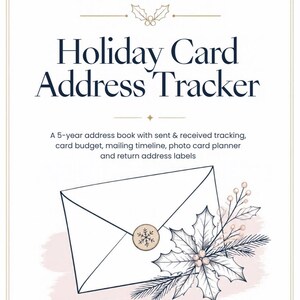 May include: A white Holiday Card Address Tracker book cover with dark blue text, gold holly accents, and a line drawing of an envelope sealed with a snowflake wax seal, decorated with a sprig of holly and pine needles on a soft pink background.