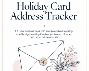 May include: A white Holiday Card Address Tracker book cover with dark blue text, gold holly accents, and a line drawing of an envelope sealed with a snowflake wax seal, decorated with a sprig of holly and pine needles on a soft pink background.
