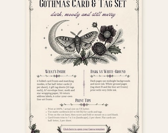 Może przedstawiać: Zestaw kart i etykiet Gothmas z ilustracją ćmy, półksiężyca i kwiatów. Tekst zawiera What's Inside, Dark vs White-Ground oraz Print Tips, wyszczególniając 6 składanych frontów kart, 4 płaskie karty formatu half-letter, 2 arkusze etykiet prezentowych, po 10 etykiet na arkusz, wyściółkę kopert, papier pakowy, 30 etykiet adresowych i 6 frontów z grafiką liniową.