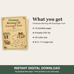May include: A printable Christmas Morning Gift Scavenger Hunt document featuring illustrations of stockings, a gift, a sleigh, and a map. The text includes 'Christmas Morning Gift Scavenger Hunt', 'What you get', '12 printable pages', and '8.5 x 11 in'.