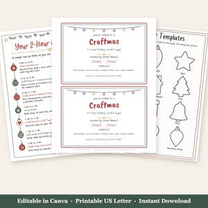 Op de afbeelding: Drie printbare vellen voor een Craftmas-evenement. E&eacute;n vel bevat een 2-uur durend programma met ornamentpictogrammen. Het middelste vel bevat twee identieke uitnodigingssjablonen met kerstverlichting. Het derde vel toont ornament-sjablonen.