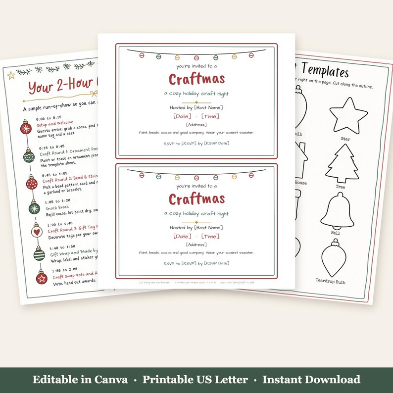 Op de afbeelding: Drie printbare vellen voor een Craftmas-evenement. E&eacute;n vel bevat een 2-uur durend programma met ornamentpictogrammen. Het middelste vel bevat twee identieke uitnodigingssjablonen met kerstverlichting. Het derde vel toont ornament-sjablonen.