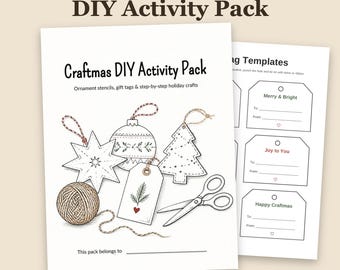 Może przedstawiać: Zestaw aktywności DIY Craftmas w formacie PDF do druku, zawierający szablony ozdób, etykiety prezentowe i instrukcje świątecznych prac ręcznych. Okładka przedstawia kłębek sznurka, nożyczki oraz rysunki gwiazdy, bombki i choinki.