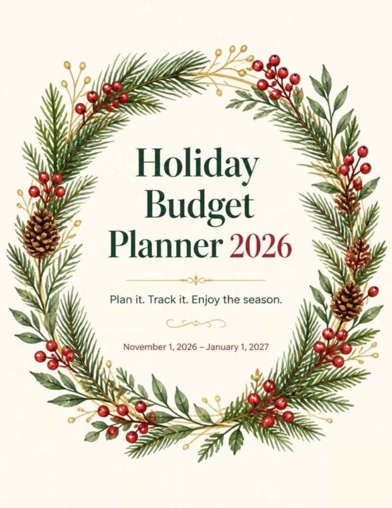 May include: A Holiday Budget Planner 2026 document framed by a watercolor wreath of green pine branches, brown pinecones, and red berries. The text reads: Holiday Budget Planner 2026, Plan it. Track it. Enjoy the season. November 1, 2026 &ndash; January 1, 2027.