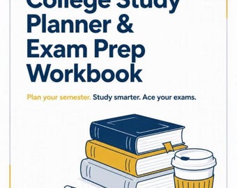 Op de afbeelding: Een witte planneromslag met donkerblauwe tekst College Study Planner & Exam Prep Workbook en Plan your semester. Study smarter. Ace your exams. Bevat illustraties van drie gestapelde boeken, een potlood en een koffiebeker.
