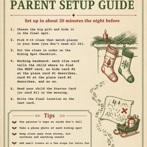 May include: A Parent Setup Guide document with green and red text on a cream background. It features instructions for a holiday scavenger hunt, illustrations of two Christmas stockings, a treasure map, and a small sleigh with a gift.