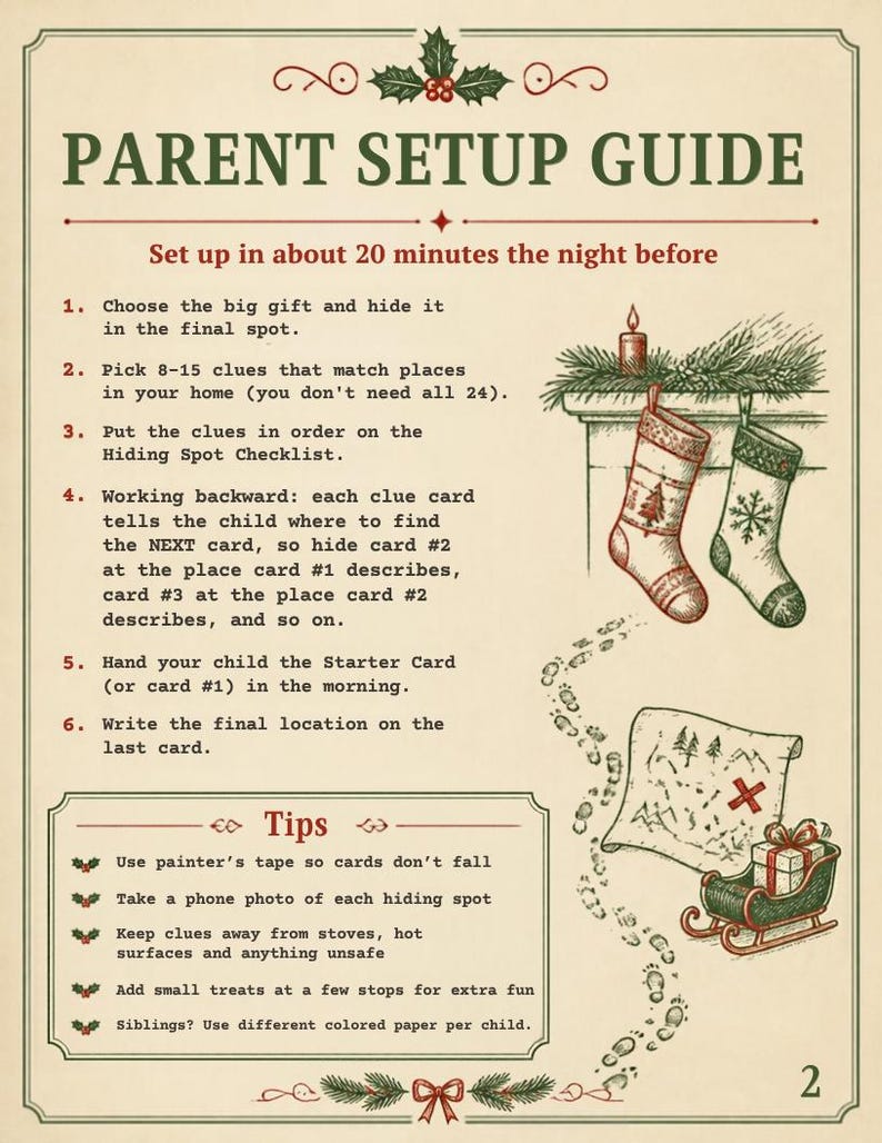 May include: A Parent Setup Guide document with green and red text on a cream background. It features instructions for a holiday scavenger hunt, illustrations of two Christmas stockings, a treasure map, and a small sleigh with a gift.